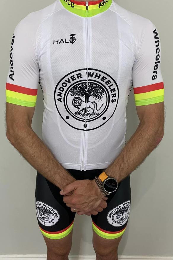 Andover Wheelers white short sleeve jersey and bibs